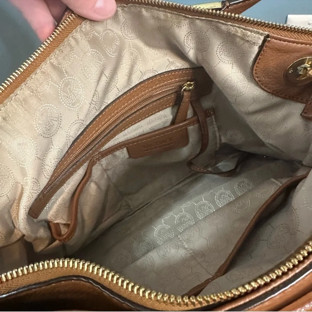 MK Brown Leather Mira Monogram Satchel Crossbody Bag with Detachable Wallet RARE